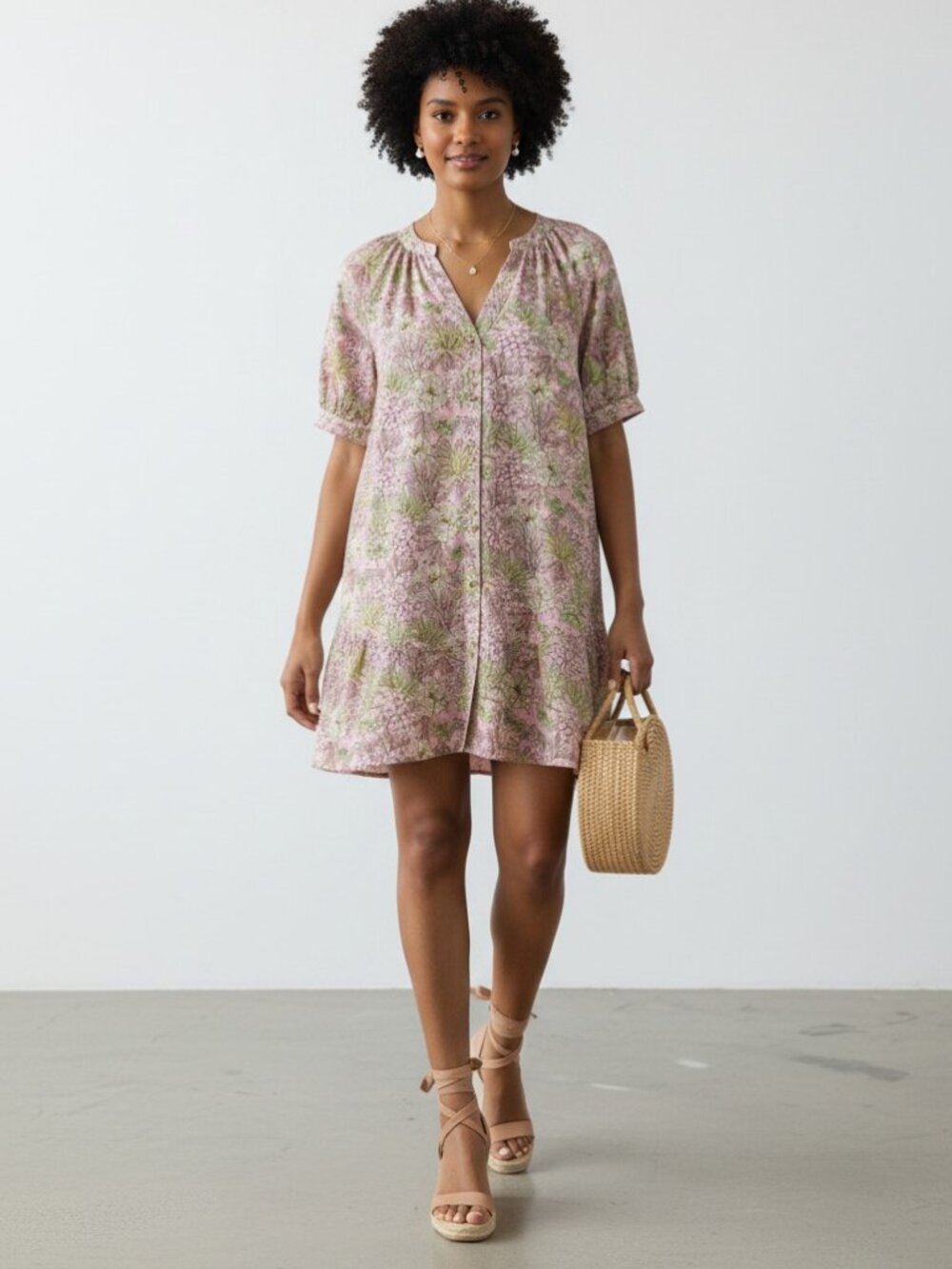 Entro NWT Pink Green Floral Cotton Mini Dress with Pockets Large